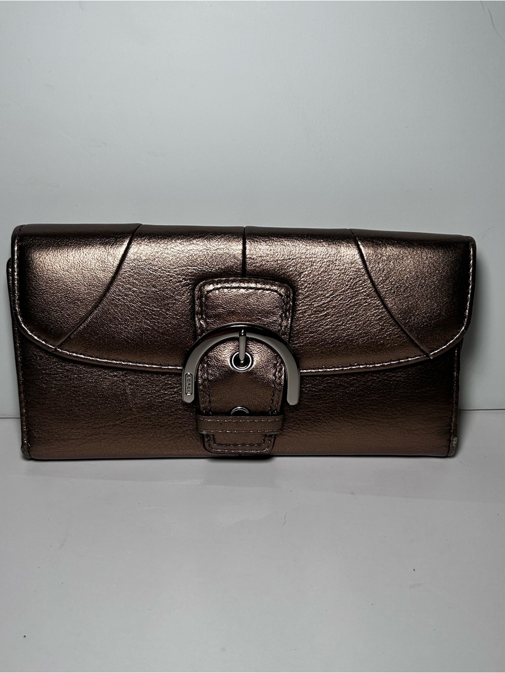 Vtg Coach Soho Metallic Bronze Leather Flap Envelope Buckle Wallet Clutch Y2K